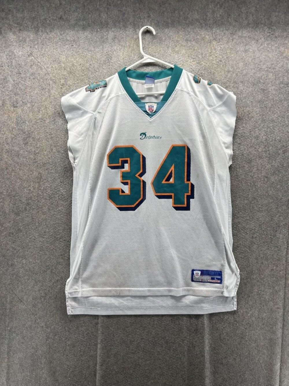 Miami Dolphins Jersey Mens Large White NFL Football Reebok On Field Equipment 34